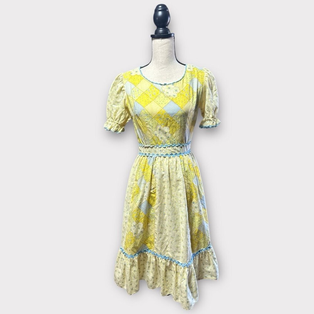 Vintage Womens Sz S Cottagecore Prairie Patchwork Dress Handmade 70s Puff Sleeve